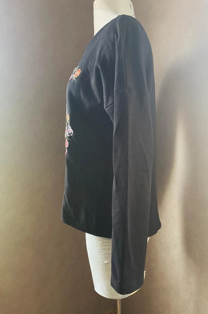 Light Sweat Only Size 36 Black Embroidered Flowers – 100% Cotton, Bohemian Chic Style – photo 5